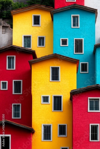 A group of multi colored buildings with white windows