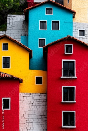 A row of colorful buildings with windows on each side