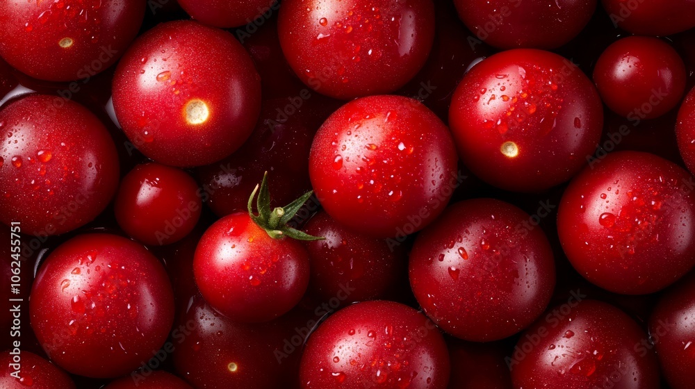 A bunch of red tomatoes with water droplets on them A bunch of red tomatoes with water droplets on them