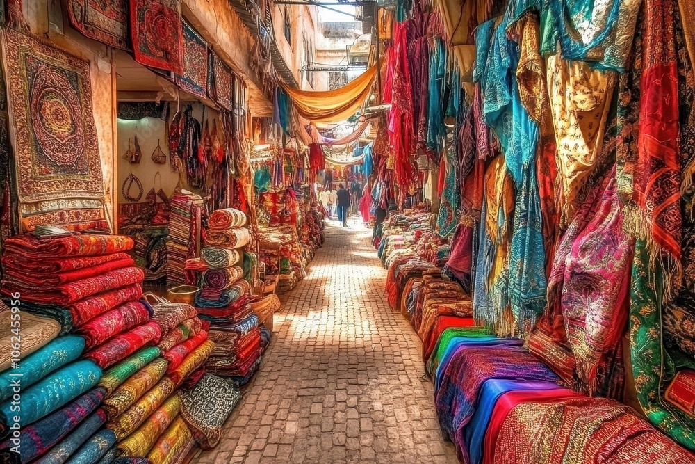 Fototapeta premium A colorful marketplace in Morocco with stalls covered in fabrics of red, blue, green, and gold