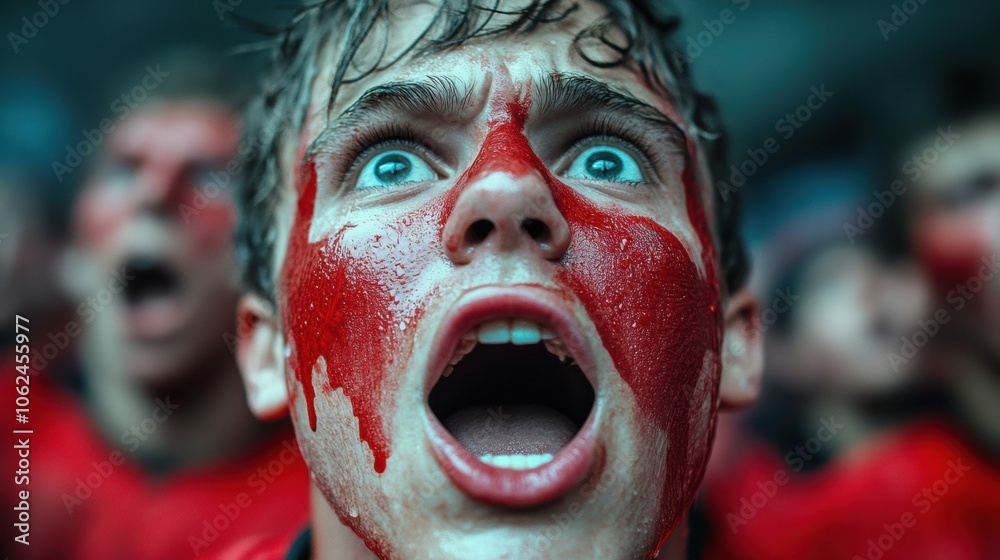 Fan with face painted red passionately cheers during an intense sports event, AI