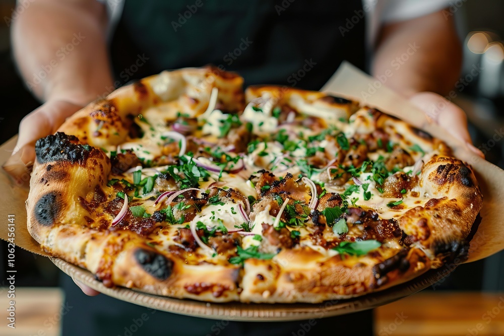 Fresh pizza on black board held by hands, melted cheese, herbs, close-up of vibrant toppings Fresh pizza on black board held by hands, melted cheese, herbs, close-up of vibrant toppings