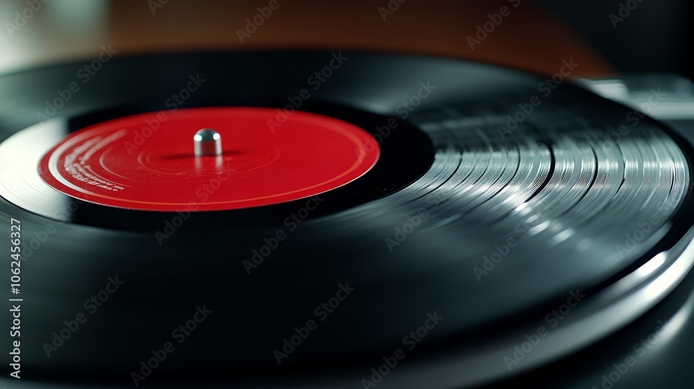 A vinyl record with a red disc on top of it A vinyl record with a red disc on top of it