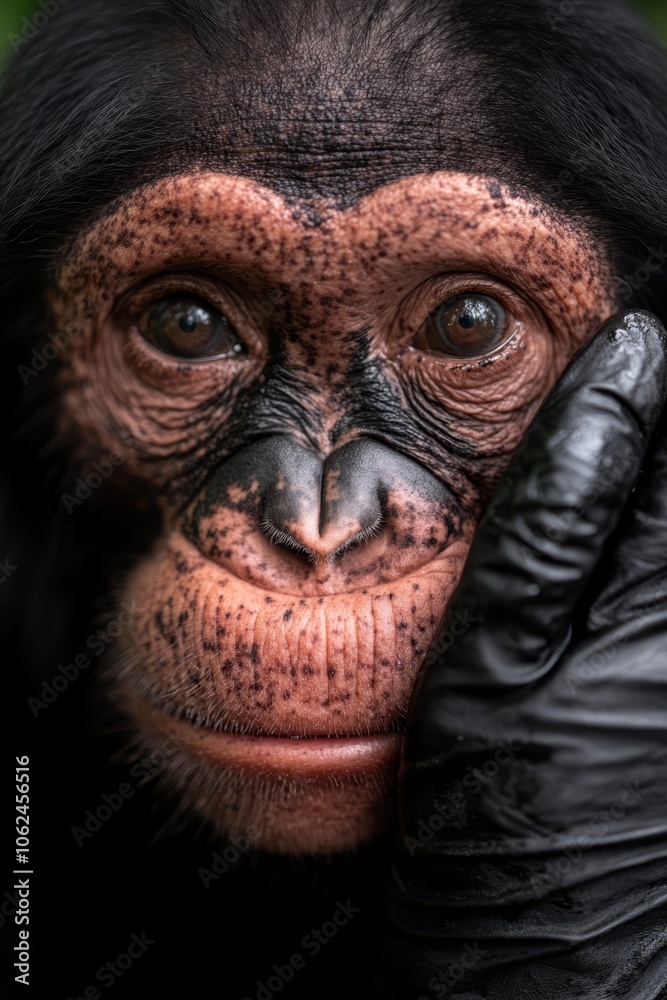 A close up of a chimpanzee's face with a glove on its hand A close up of a chimpanzee's face with a glove on its hand