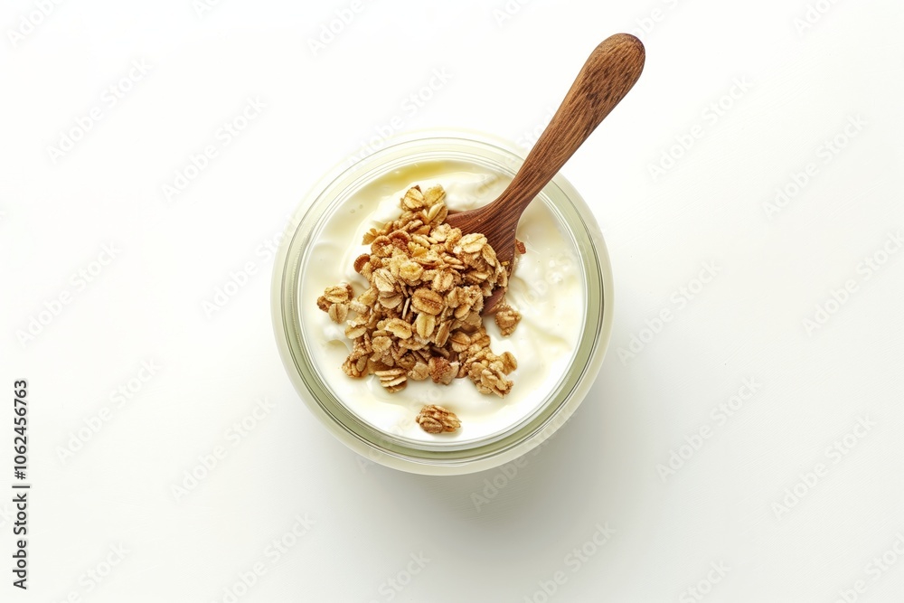 Jar of creamy yogurt topped with granola and a wooden spoon on a white background. Top view photography. Healthy breakfast and snack concept Jar of creamy yogurt topped with granola and a wooden spoon on a white background. Top view photography. Healthy breakfast and snack concept