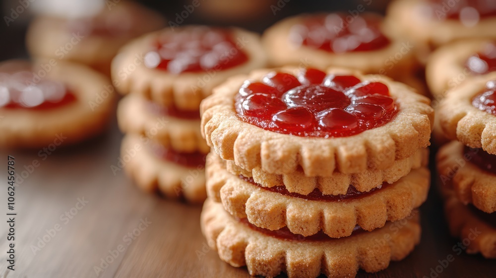 Close-up of a stack of round cookies with red jam filling, surrounded by other cookies on a wooden table. Close-up of a stack of round cookies with red jam filling, surrounded by other cookies on a wooden table.