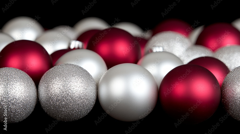 A bunch of red and silver christmas ornaments on a black background A bunch of red and silver christmas ornaments on a black background