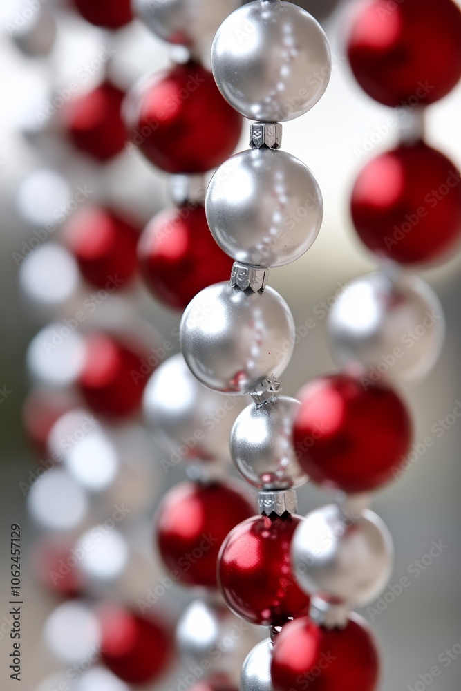 A bunch of red and silver ornaments hanging from a string A bunch of red and silver ornaments hanging from a string