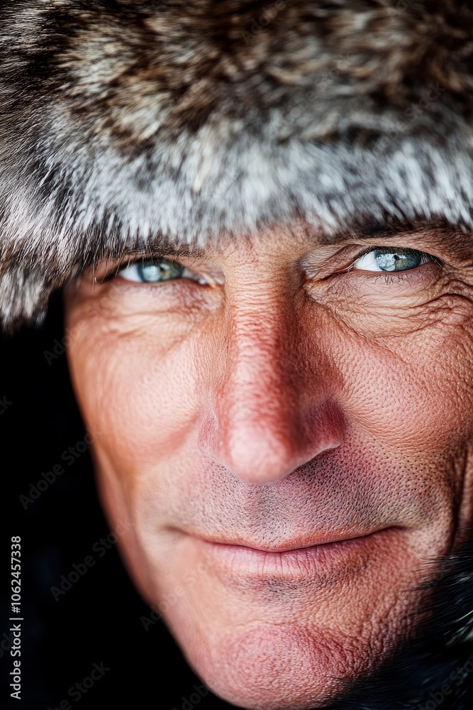 A close up of a man wearing a fur hat A close up of a man wearing a fur hat