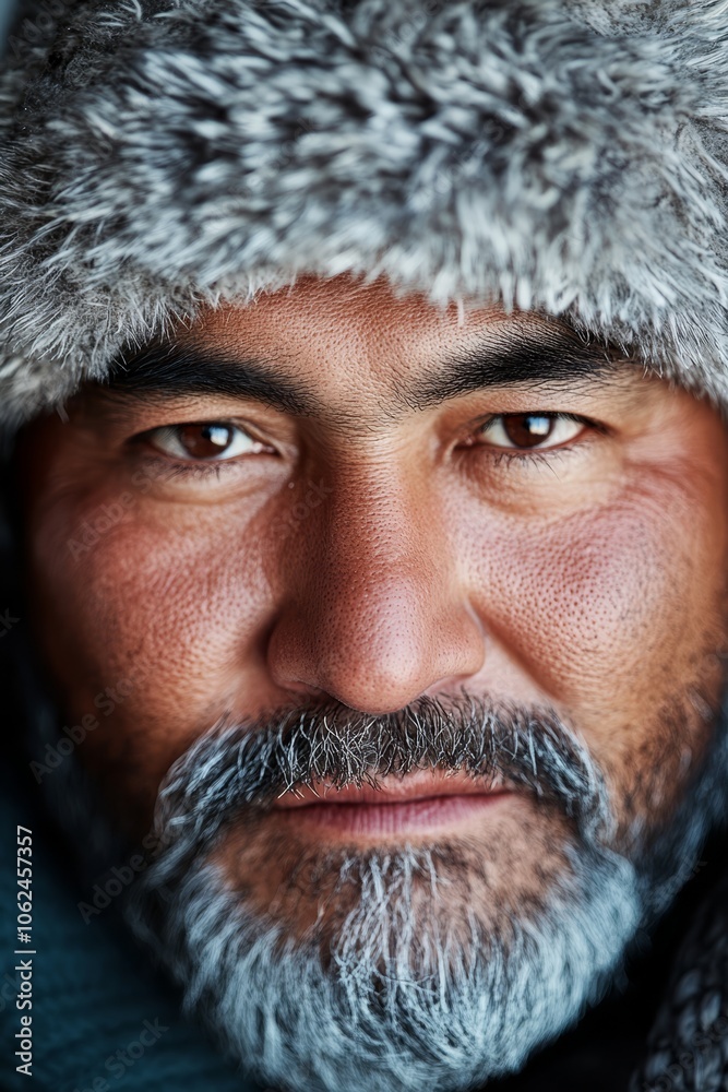 A close up of a man wearing a fur hat A close up of a man wearing a fur hat