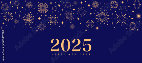 2025 fireworks banner with gold stars on blue background