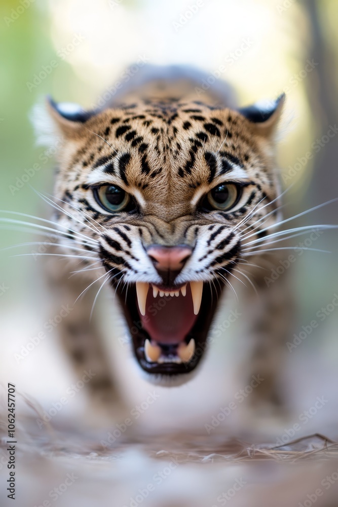 Fototapeta premium A close up of a leopard's face with its mouth open
