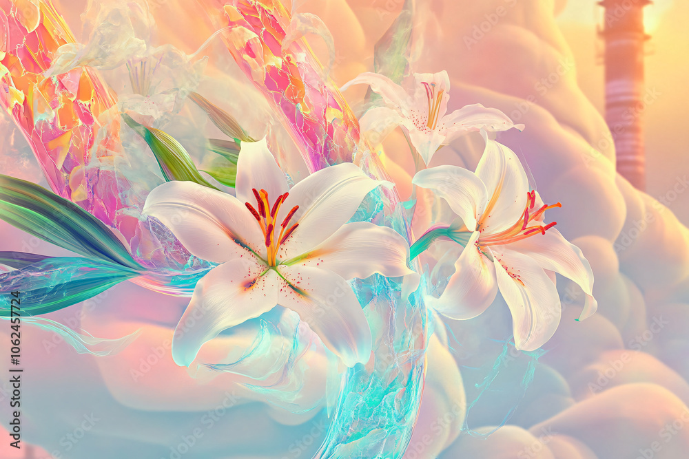 3D abstract art of lungs created from white lilies and green leaves 3D abstract art of lungs created from white lilies and green leaves