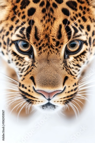  A close up of a leopard's face with a white background