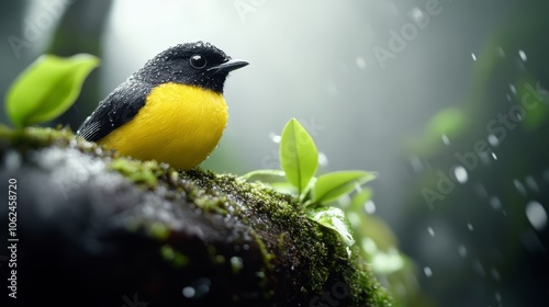 A small yellow and black bird sitting on a moss covered rock