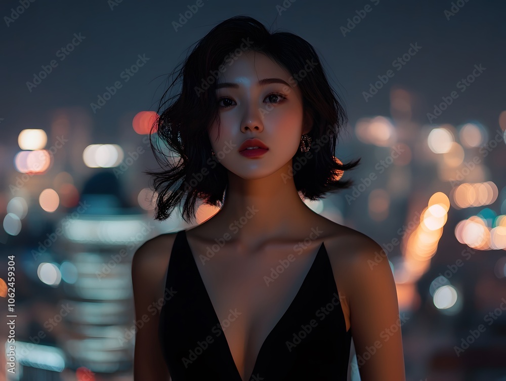 Young Asian woman in a modern black dress with a neckline Young Asian woman in a modern black dress with a neckline