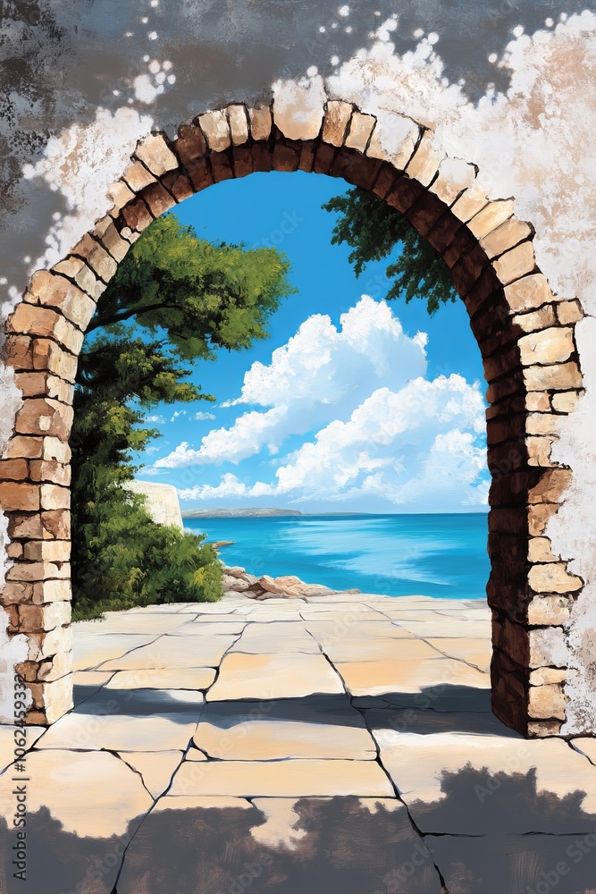 Obraz premium A painting of an archway with a view of the ocean