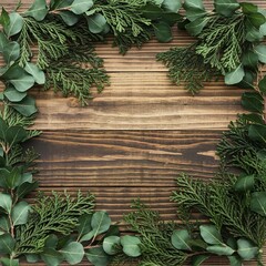 Rustic Christmas flat lay background featuring a natural square frame border of fresh evergreen cedar and eucalyptus branches on dark wood.