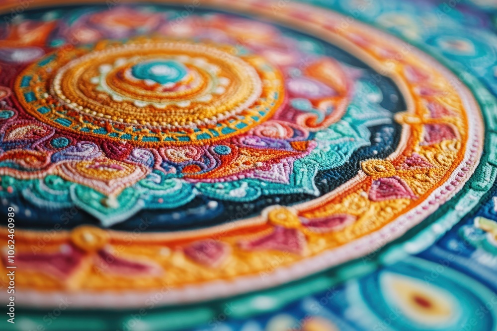 A detailed shot of a mandala painted in vivid colors. A detailed shot of a mandala painted in vivid colors.