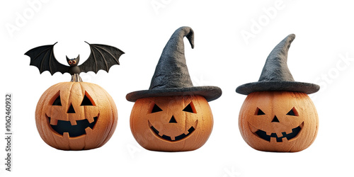 set of pumpkins halloween decoration isolated on transparent background, png elements collection.