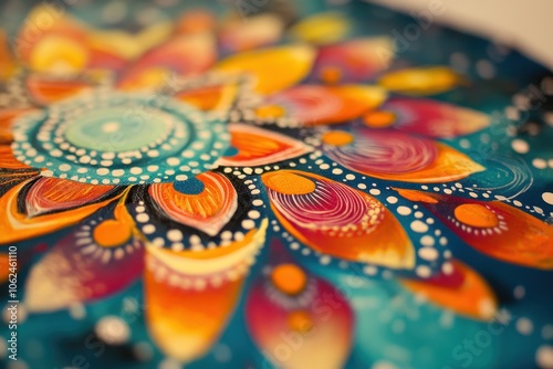 A detailed shot of a mandala painted in vivid colors.