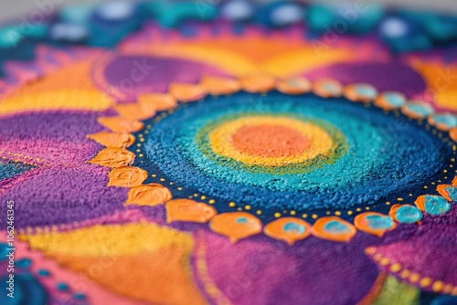 A detailed shot of a mandala painted in vivid colors. photo