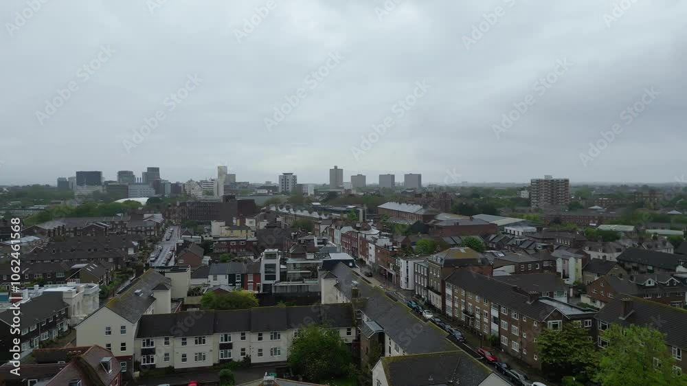 Aerial View of Historical Old Portsmouth Central City and Downtown of United Kingdom During Rainy and Cloudy Day. May 16th, 2024. High Angle Drone's Camera Was Captured from Medium High Altitude Aerial View of Historical Old Portsmouth Central City and Downtown of United Kingdom During Rainy and Cloudy Day. May 16th, 2024. High Angle Drone's Camera Was Captured from Medium High Altitude