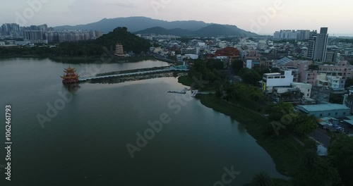 Aerial Drone Afternoon, Night View Of Zuoying Lotus Pond In Kaohsiung City, Taiwan Travel