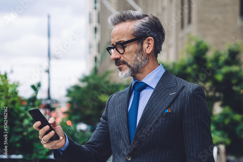 Middle-aged businessman using smartphone on urban background