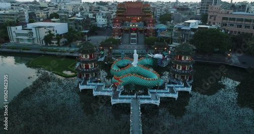 Aerial Drone View Afternoon, Night View Of Lotus Pond In Kaohsiung City, Taiwan Travel