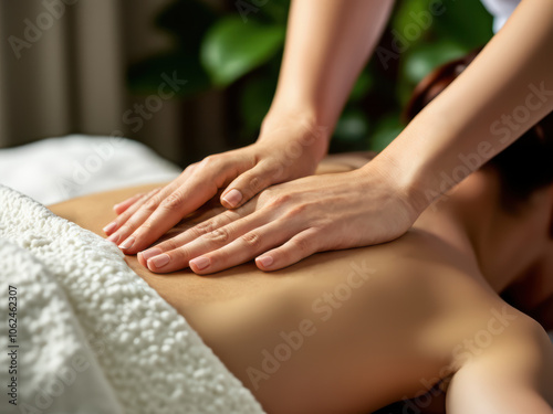 A serene back massage session showcasing relaxation and tranquility in a peaceful spa environment. The gentle touch emphasizes healing and wellness, photo