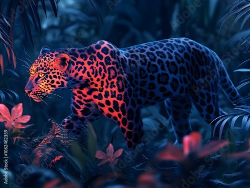 In the night jungle, a jaguar is surrounded by a mystical golden glow, emphasizing its spots and creating a mysterious atmosphere. The contrast of light and shadow heightens the drama.
