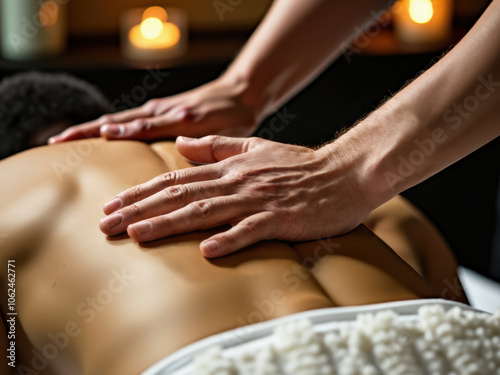 Wallpaper Mural Hands provide a soothing massage on a person's back, surrounded by a calming candlelit atmosphere, creating a perfect setting for relaxation and stress relief. Torontodigital.ca