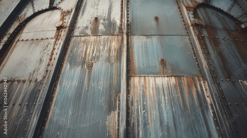 Obraz premium Close-up of a weathered steel surface with rust and peeling paint, showcasing blue and brown hues that depict a sense of age and industrial history.
