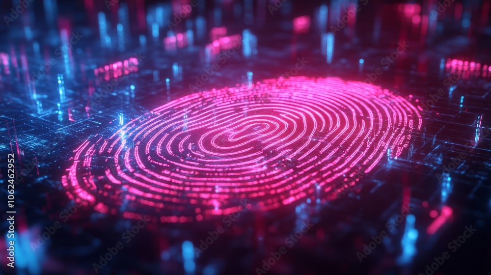 Close shot of digital holographic human fingerprint in red pink colors, cyber security and data protection
Close shot of digital holographic human fingerprint in red pink colors, cyber security and data protection