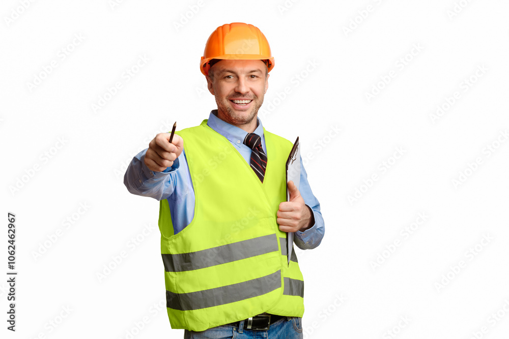 Happy Builder Pointing Pencil At Camera Holding Folder Standing On White Studio Background. Building Career And Employment. Happy Builder Pointing Pencil At Camera Holding Folder Standing On White Studio Background. Building Career And Employment.