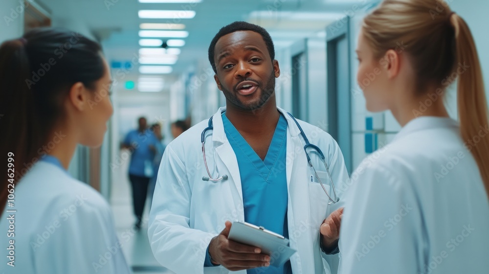 Group of doctors talking to each other in hospital corridor, they discuss patient's health or discuss on break, health and medicine
Group of doctors talking to each other in hospital corridor, they discuss patient's health or discuss on break, health and medicine