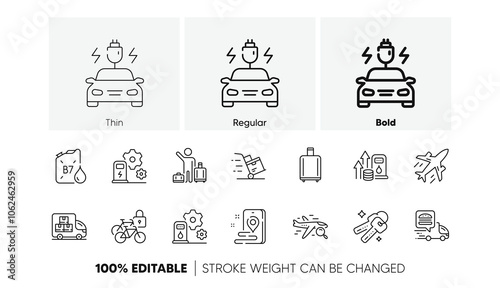 Plane, Charging station and Bicycle lockers line icons. Pack of Keys, Food delivery, Place icon. Delivery truck, Diesel canister, Fuel price pictogram. Search flight, Airport transfer. Vector