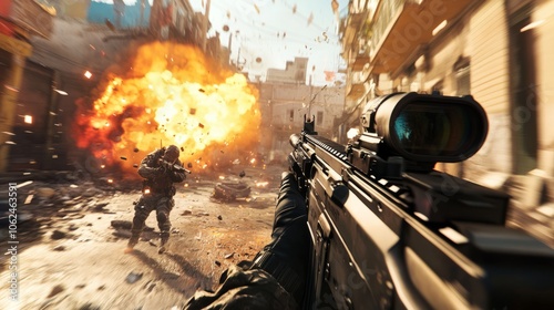 Video game mockup first person shooter gameplay war. Cover game or shooter 