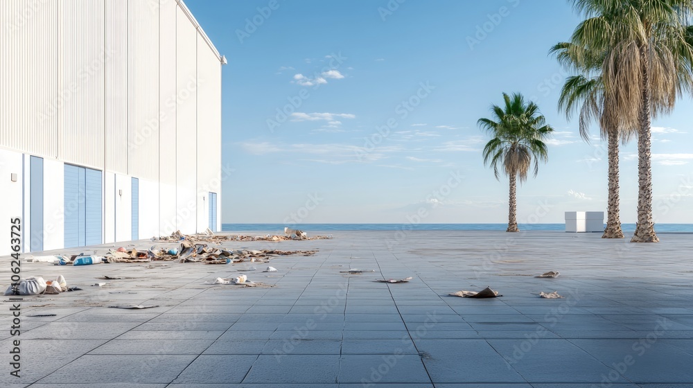 Fototapeta premium A large pile of construction materials and debris sits next to a damaged building with palm trees in the background