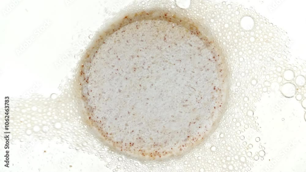 Close-up Effervescent tablet aspirin, vitamins on a white background. Macro shot of fine air bubbles in water in a petri dish. The medicine concept, health care, treatment. Slow motion. 4k Close-up Effervescent tablet aspirin, vitamins on a white background. Macro shot of fine air bubbles in water in a petri dish. The medicine concept, health care, treatment. Slow motion. 4k