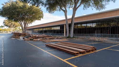 A large pile of construction materials and debris sits next to a damaged building with palm trees in the background photo