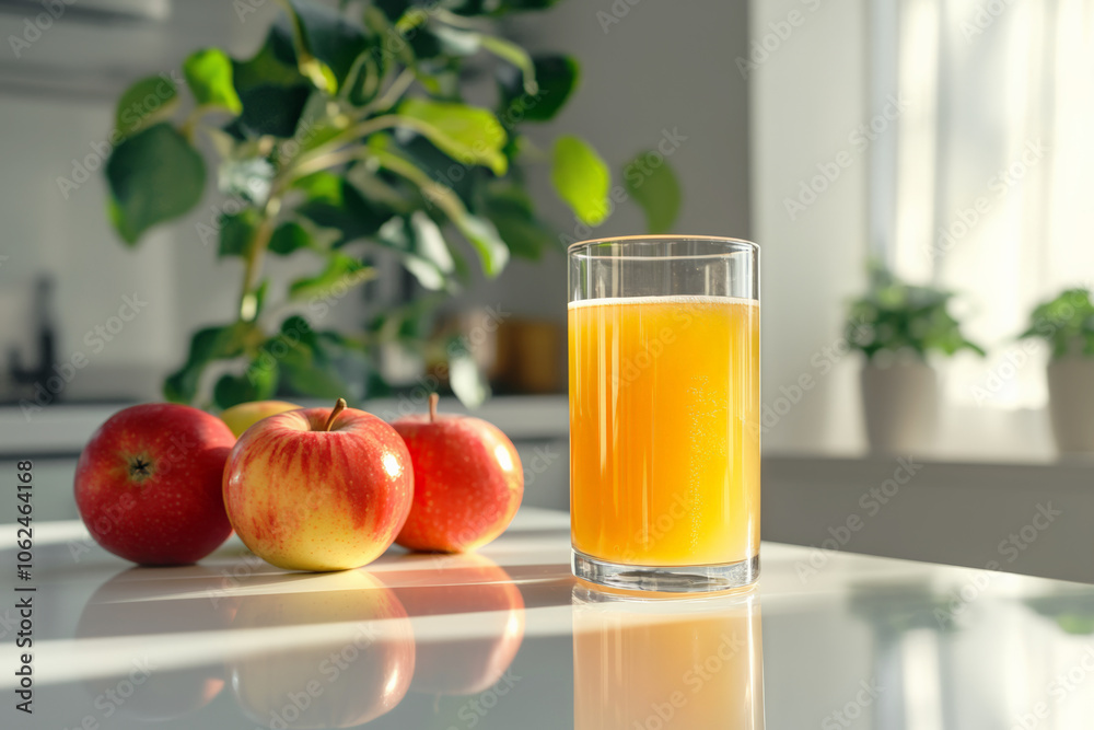 Refreshing glass of apple juice surrounded by fresh apples on sunny kitchen counter, healthy refreshment concept Refreshing glass of apple juice surrounded by fresh apples on sunny kitchen counter, healthy refreshment concept