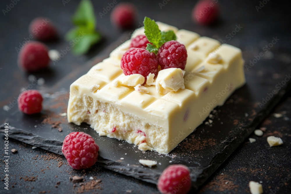 A slab of white chocolate filled with nuts and raspberries, artistically placed with fresh fruits on a dark slate, showcasing a delectable gourmet treat. A slab of white chocolate filled with nuts and raspberries, artistically placed with fresh fruits on a dark slate, showcasing a delectable gourmet treat.