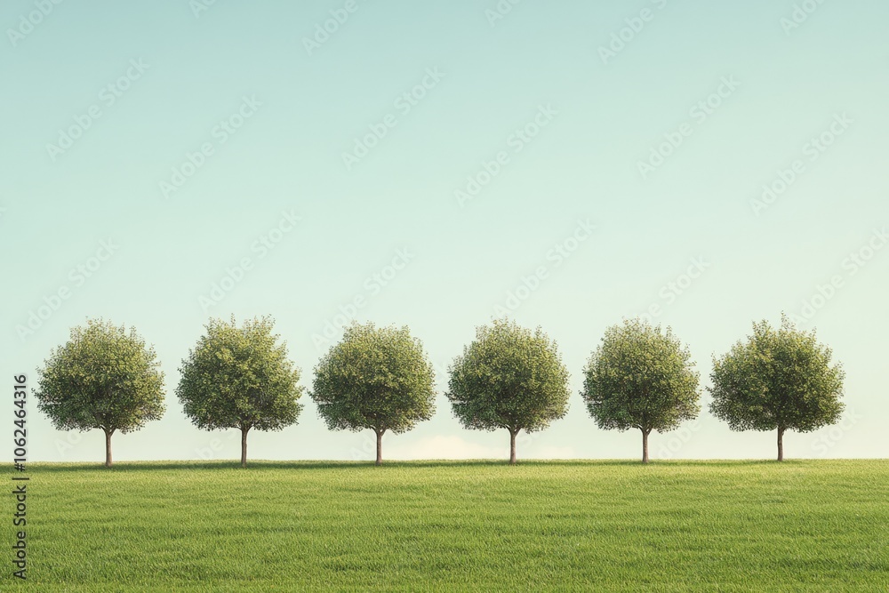 Sunlit row of lush green trees on grassy meadow under clear sky creating serene natural symmetry concept Sunlit row of lush green trees on grassy meadow under clear sky creating serene natural symmetry concept