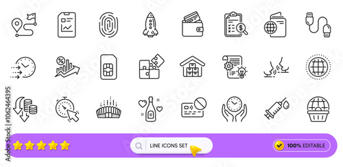 Medical syringe, Rocket and Loan percent line icons for web app. Pack of Timer, Travel passport, Love champagne pictogram icons. Accounting report, Puzzle, Charging cable signs. Search bar. Vector