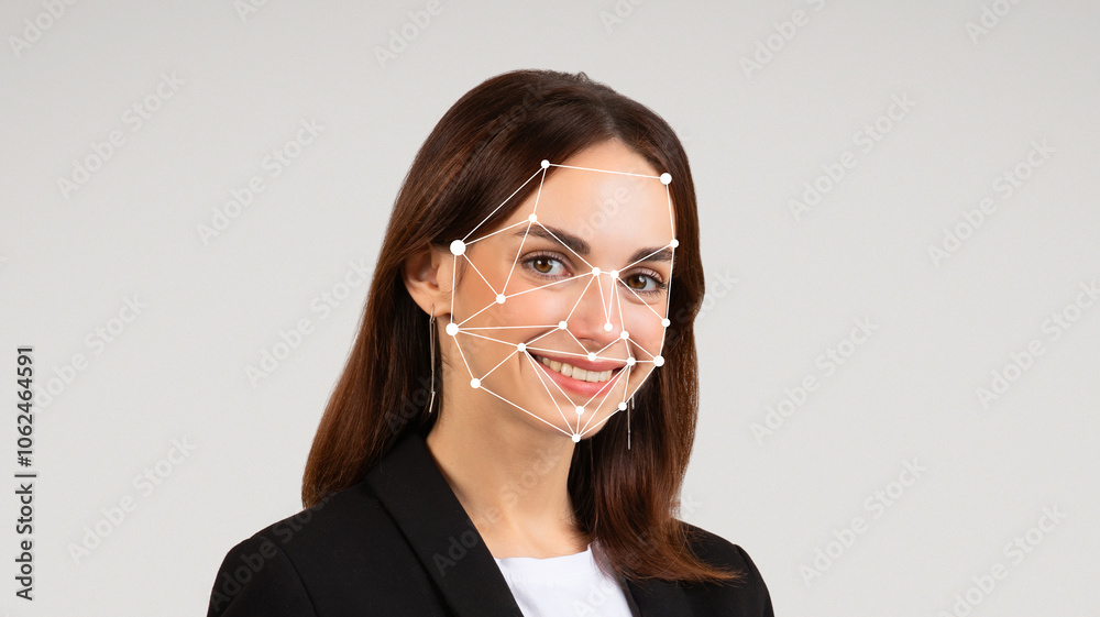 The woman stands confidently in a business suit, smiling towards the camera. Digital facial recognition points are overlaid on her face, highlighting technology's role in identity verification. The woman stands confidently in a business suit, smiling towards the camera. Digital facial recognition points are overlaid on her face, highlighting technology's role in identity verification.