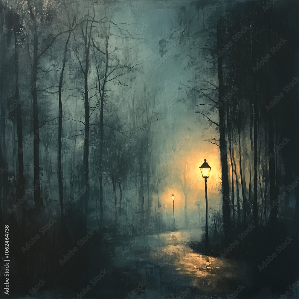 foggy evening descends over the park, street lamps casting reflections on a watery path foggy evening descends over the park, street lamps casting reflections on a watery path