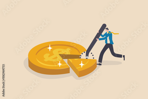 Money management, financial planning or wealth management or investment portfolio, paying for tax, loan or debt, inflation concept, businessman using pizza cutter to split golden dollar money coin 