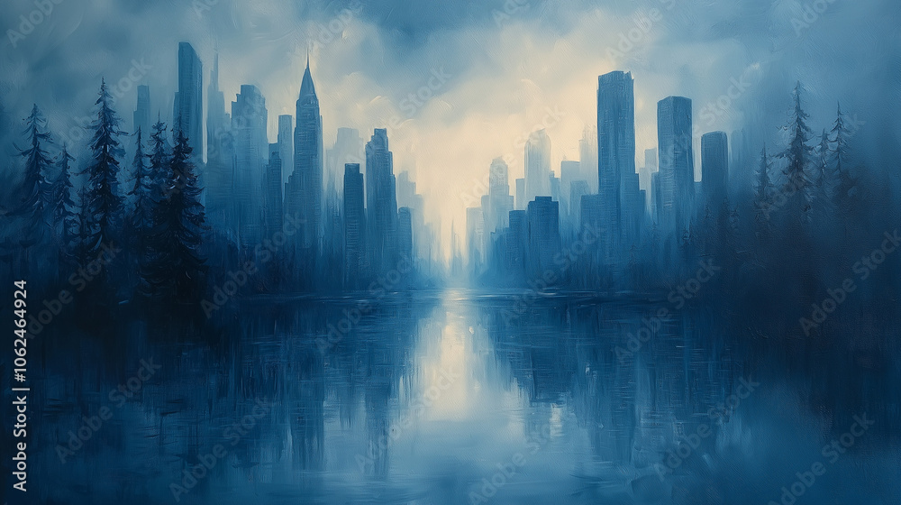 misty cityscape emerges from the forest edge, reflecting serene blues in the calm waters misty cityscape emerges from the forest edge, reflecting serene blues in the calm waters